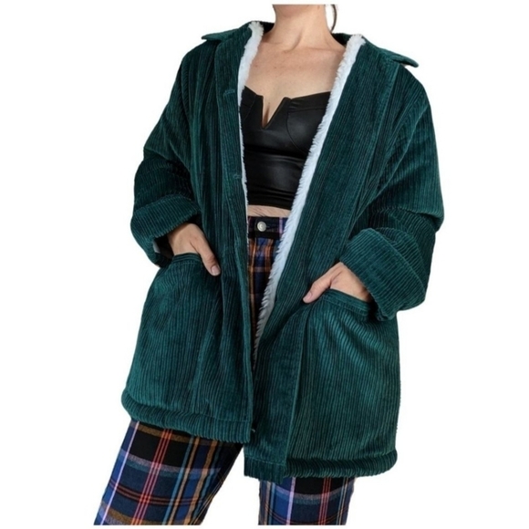 BLAIR Teal Blue Button Down Faux Fur Lined Corduroy Jacket - Picture 13 of 16